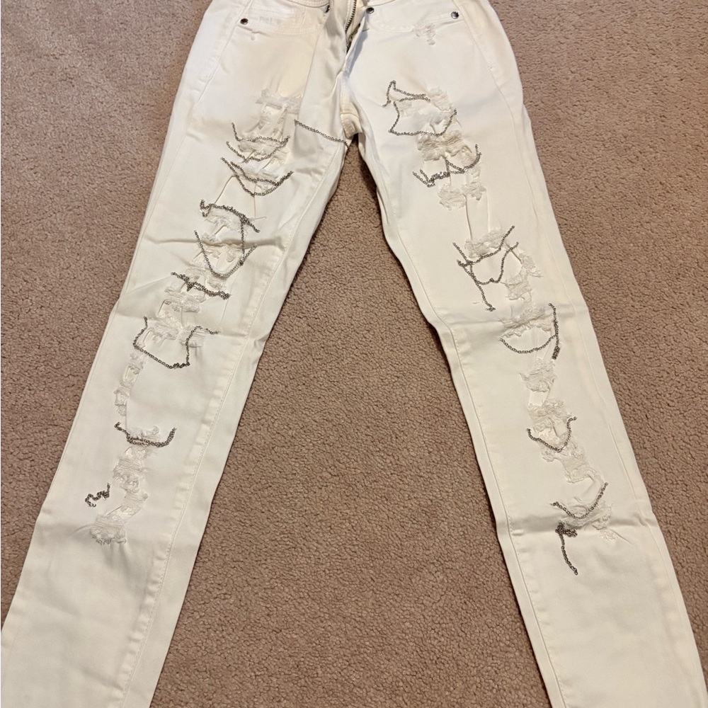 bebe Cream Distressed Skinny Jeans